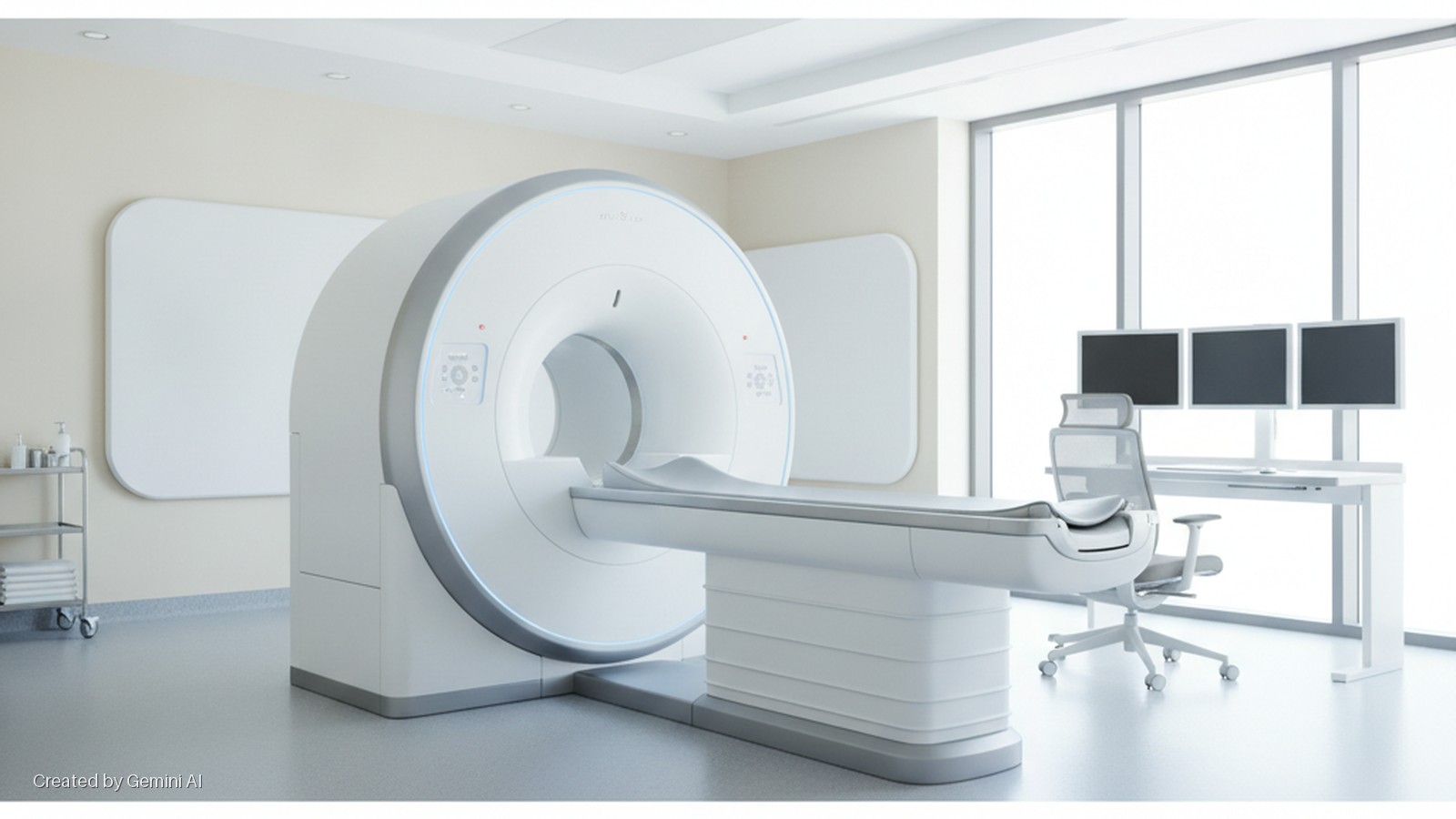 A bright, modern medical imaging room contains a large MRI machine with an attached examination table, a rolling medical cart, wall-mounted whiteboards, and a workstation with a chair, desk, and three monitors facing large windows.