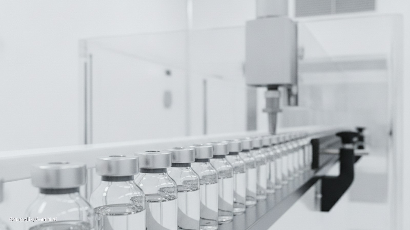 Rows of clear liquid-filled vials move along a conveyor belt in a bright, sterile manufacturing facility, with an automated filling machine in the background.