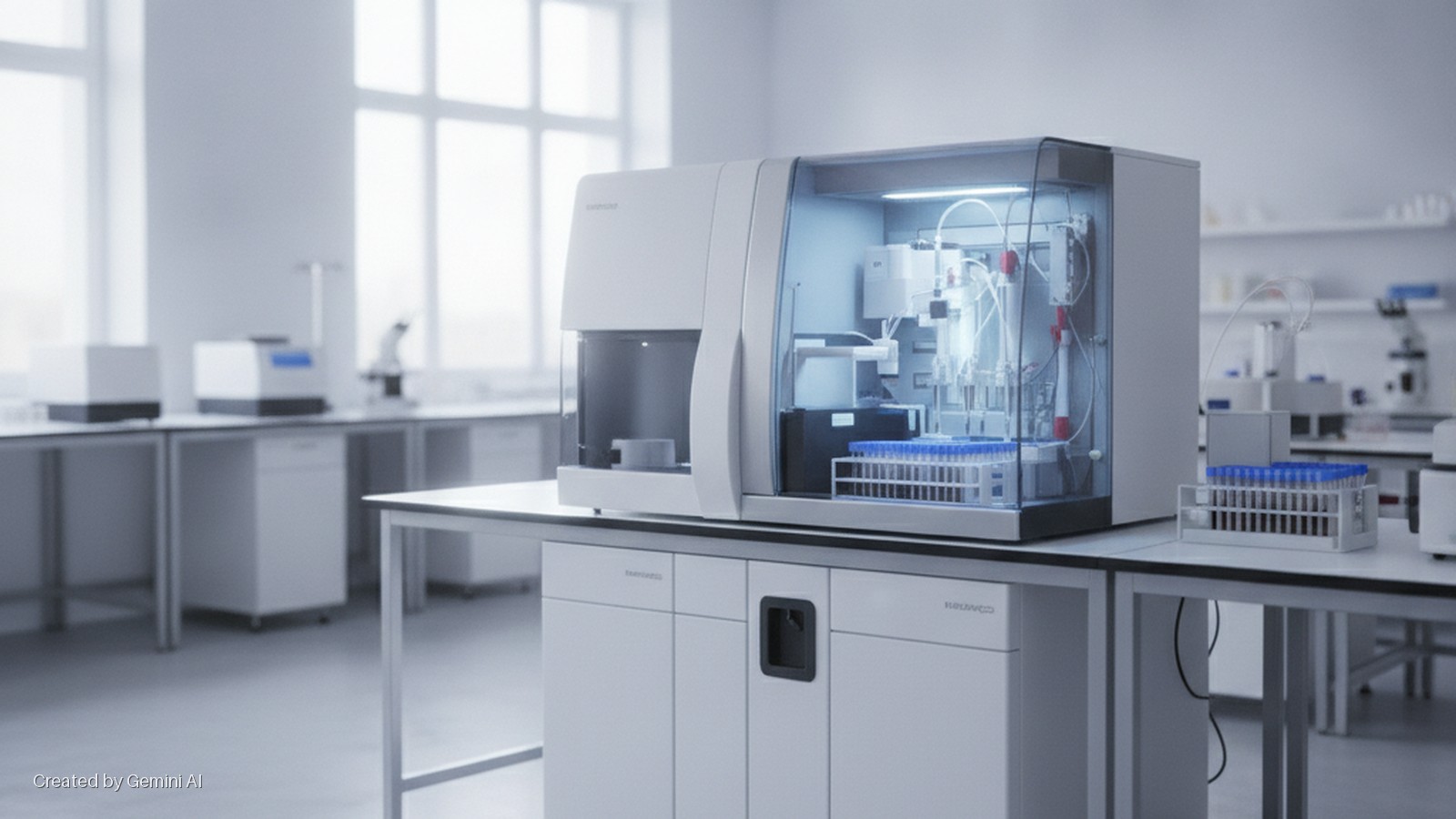 A bright, modern laboratory features a white automated analyzer with an illuminated interior displaying tubes and fluidics, alongside racks of blue-capped test tubes on white lab benches.