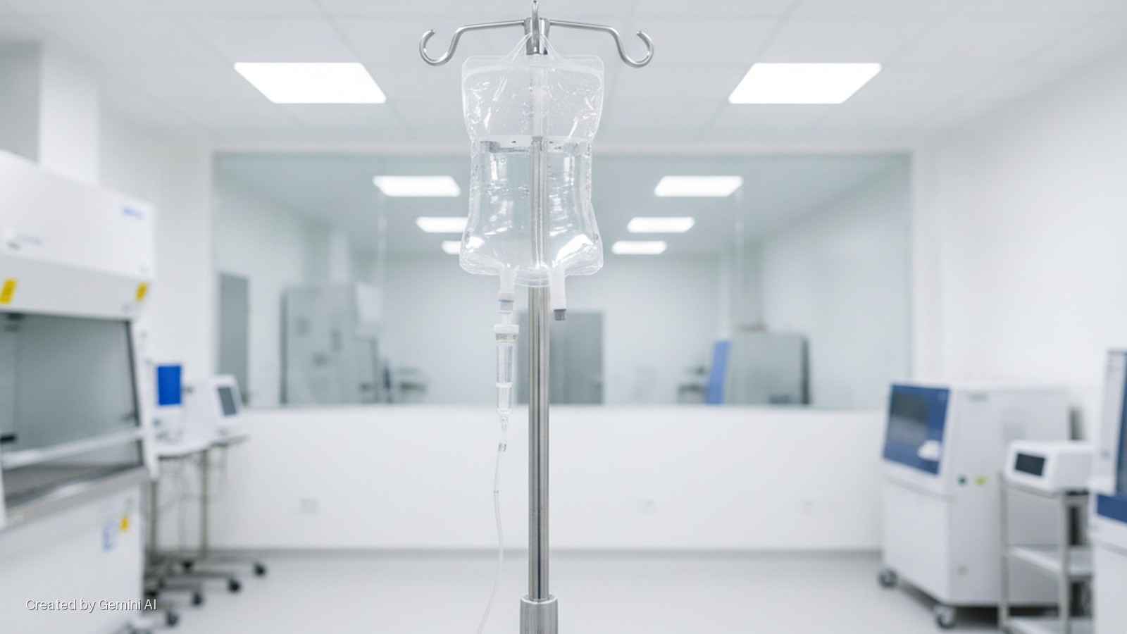 A clean, brightly lit laboratory features an IV bag on a metal stand in the foreground, with white scientific equipment and blue accents visible in the background and through a clear glass partition, all illuminated by overhead panel lights