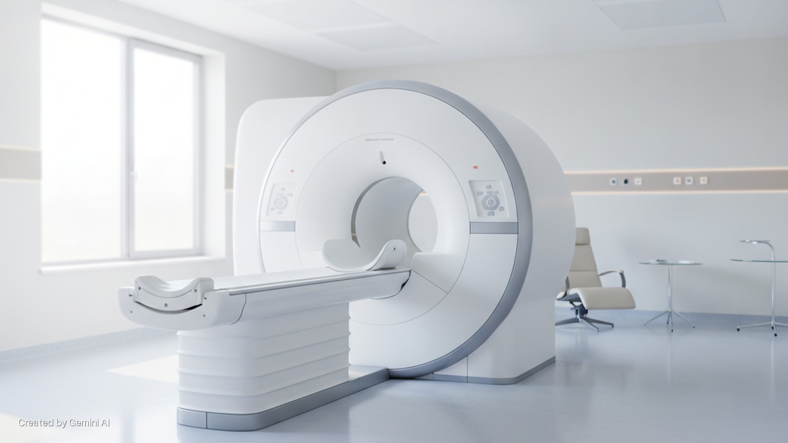 A modern, brightly lit MRI examination room features a large white MRI scanner with an extended patient table, a tall window, a light-colored armchair, and two small glass tables.
