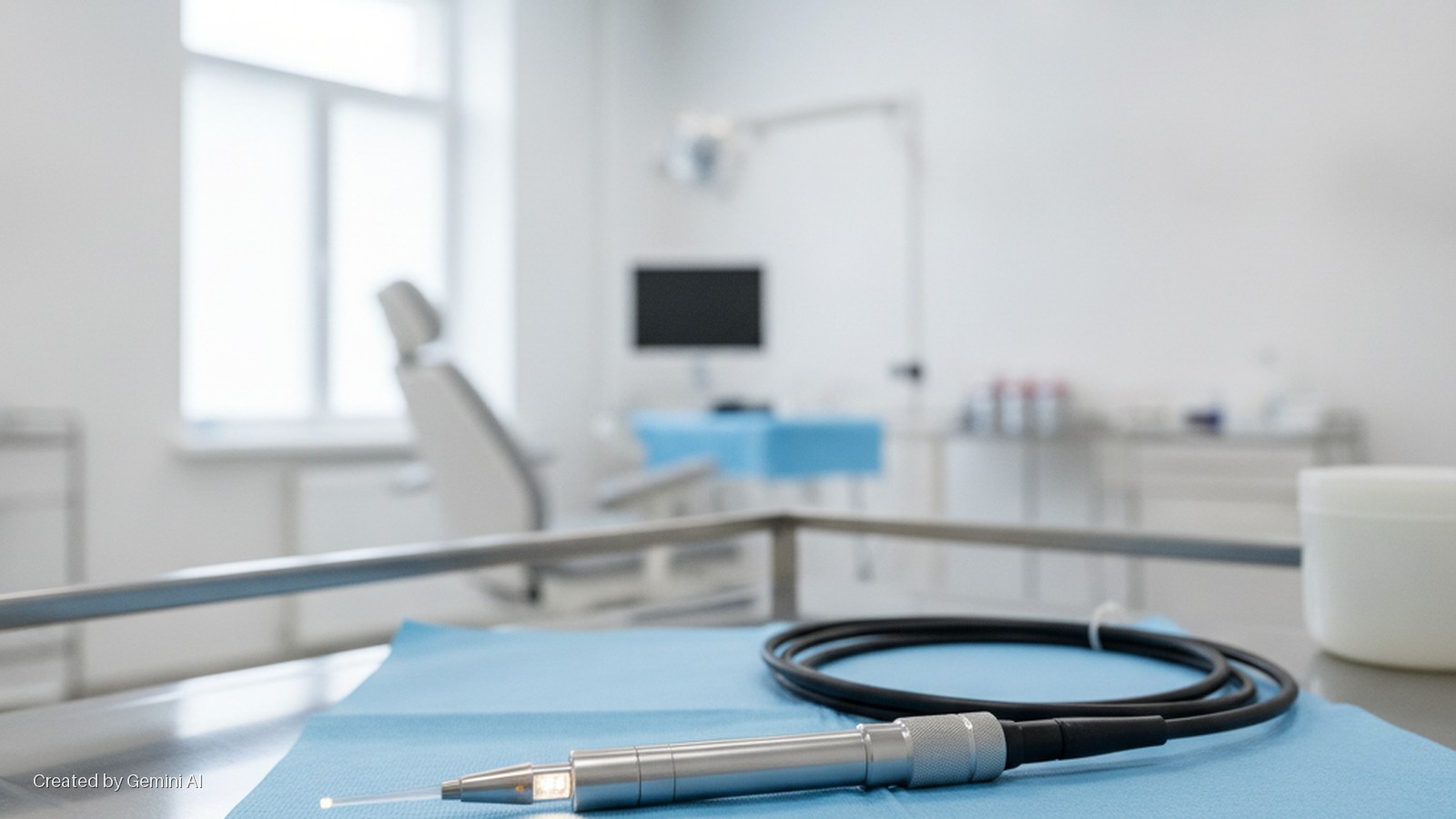 A metallic medical instrument with a glowing tip and attached black cable lies on a blue sterile drape in a brightly lit dental treatment room.