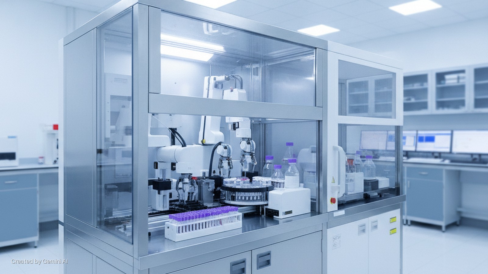 A modern, brightly lit laboratory features a glass-enclosed automated robotic workstation manipulating samples in test tubes and bottles, with multiple computer monitors and storage cabinets in the background.
