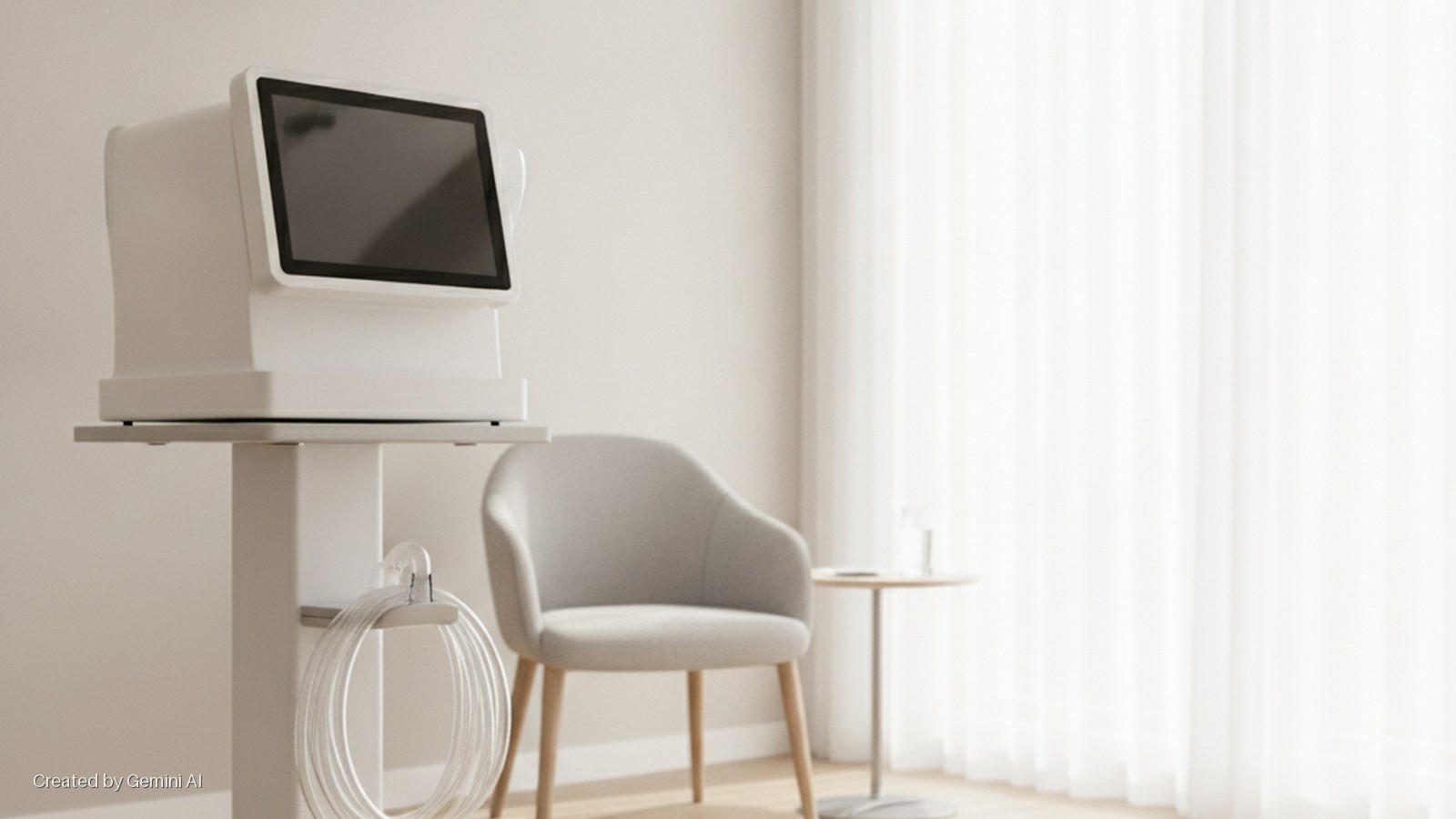 A clean, minimalist room features a white medical device with a screen and coiled tubing on a stand, a light grey upholstered chair, and a small side table, all brightly lit by natural light from a window with sheer white curtains.