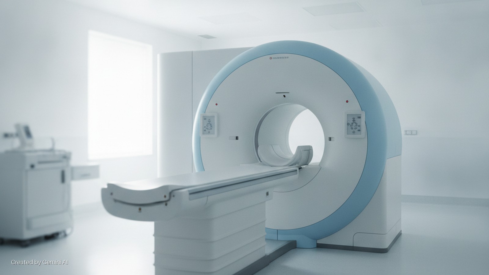 A bright, sterile medical examination room featuring a white and light blue CT scanner with an extended patient table and a large, brightly lit window.