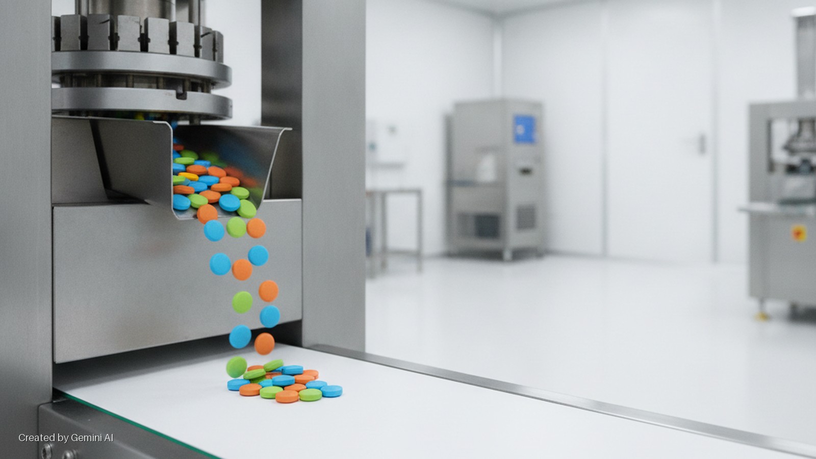 A brightly lit clean room shows a stainless steel machine dispensing colorful round pills onto a white conveyor belt, with other industrial equipment visible in the background.