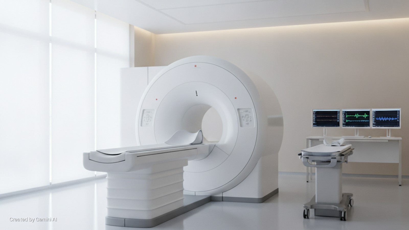 A brightly lit modern medical imaging room contains a large white MRI machine with an integrated patient table, a separate wheeled medical gurney, and a desk with three computer monitors displaying medical waveforms, all illuminated by natu