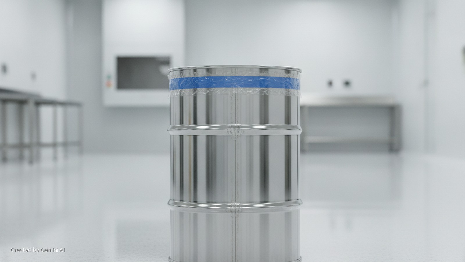 A shiny silver barrel with a blue taped top covered in clear plastic wrap is centered on a light floor in a brightly lit clean room, with blurred metal tables and a wall-mounted screen in the background.