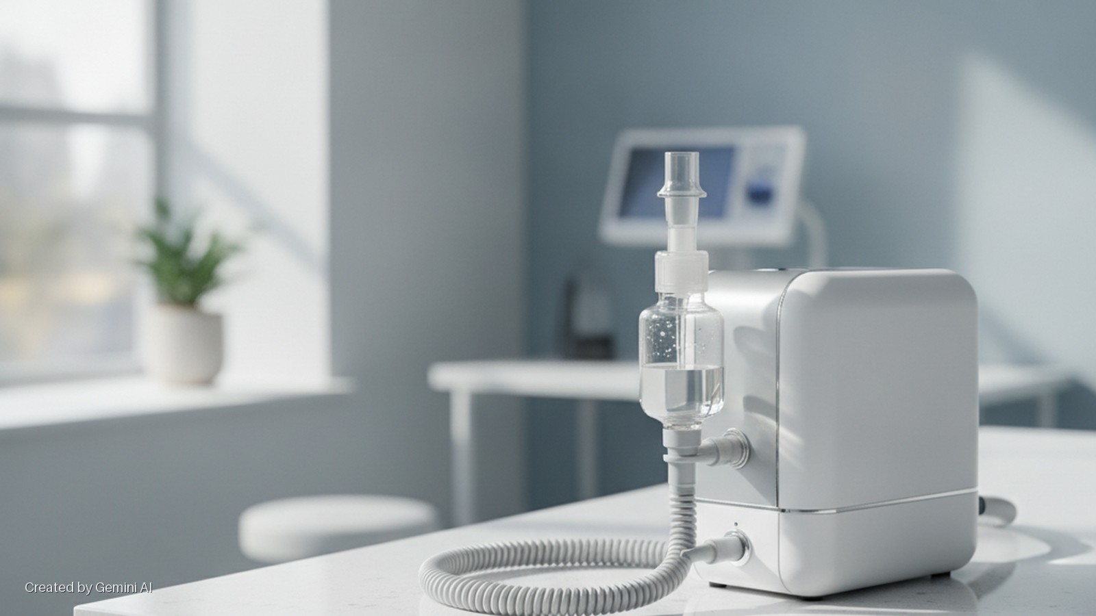 A white respiratory humidifier with a clear water bottle and corrugated tube rests on a white table in a brightly lit room, featuring a blurred window with a potted plant and a monitor in the background.