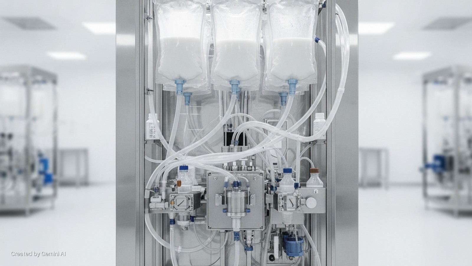 A bioprocessing system with three clear bags of white liquid, intricate tubing, bottles, and metallic components stands in a brightly lit, sterile cleanroom.
