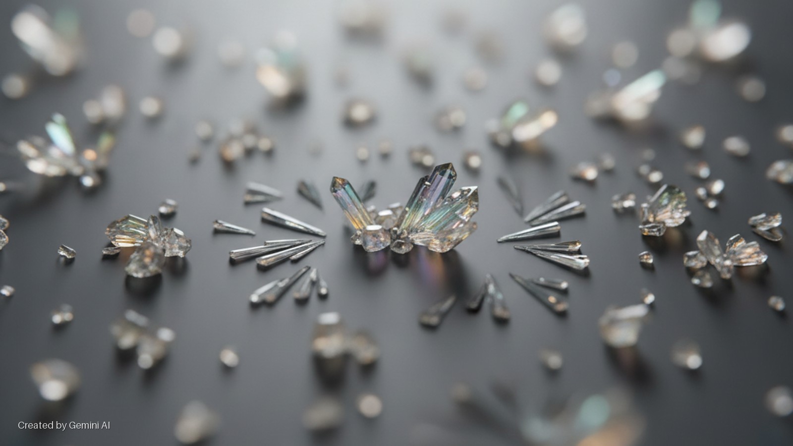 A central cluster of iridescent crystals is surrounded by scattered smaller clear crystals and pointed reflective shards on a dark, polished surface.