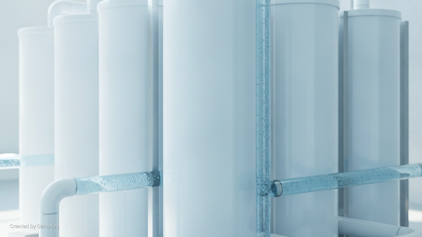 White cylindrical tanks connected by transparent pipes filled with bubbly blue liquid, in a brightly lit and clean environment.
