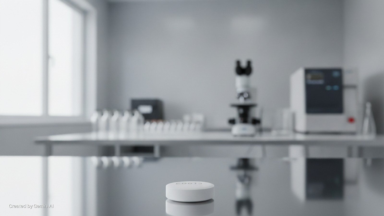 A white pill labeled "CBG13" rests on a reflective lab counter in a brightly lit laboratory, with a blurred microscope, vials, and other scientific equipment visible in the background.