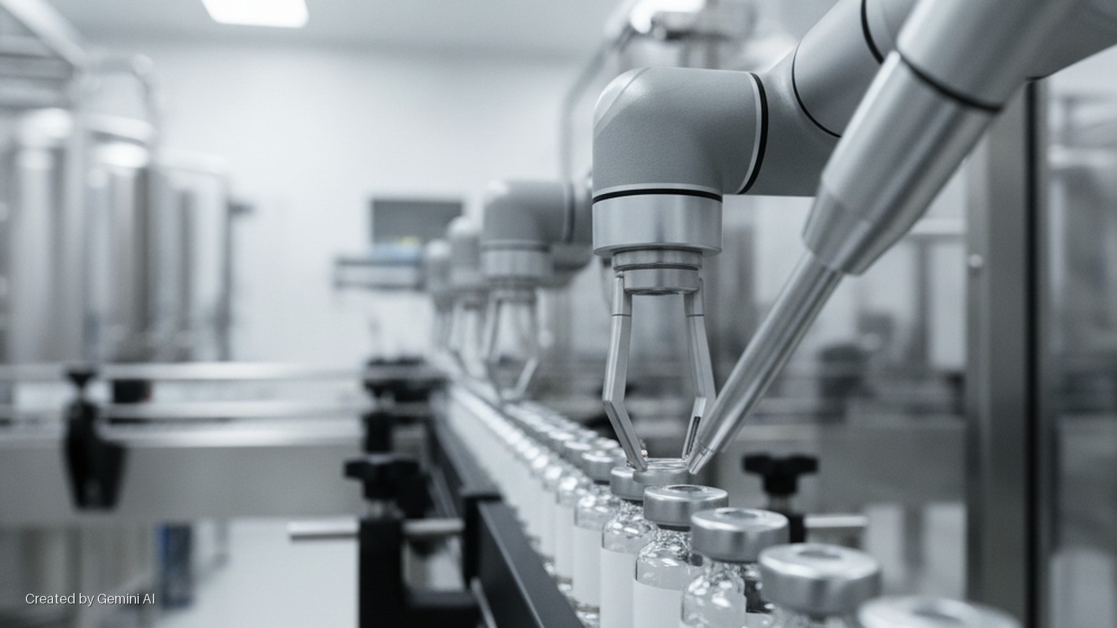 Robotic arms handle clear vials with silver caps moving on a conveyor belt in a brightly lit, sterile manufacturing facility.