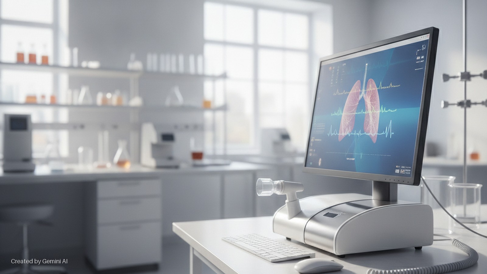 A bright, modern medical laboratory features a desk with a computer monitor displaying lungs and respiratory waveforms, a spirometer, keyboard, and mouse, with shelves of lab equipment and glassware in the background illuminated by natural 