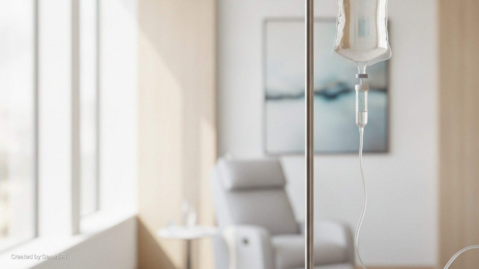 An IV drip hangs from a metal stand in a brightly lit medical room with a large window, a reclining chair, and abstract artwork in the soft-focused background.