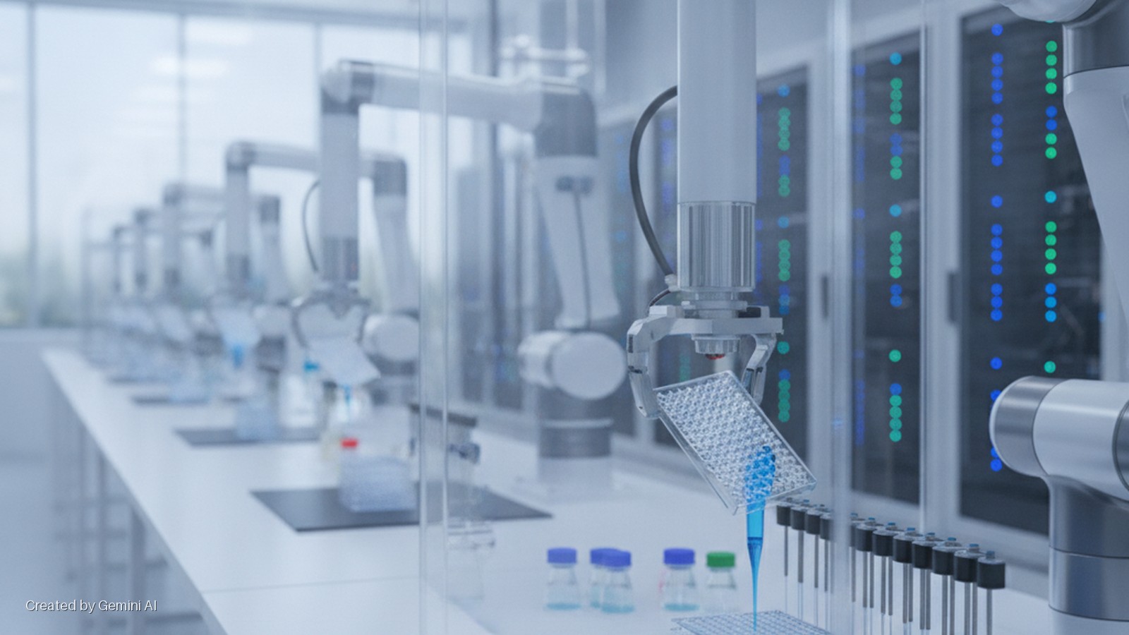 A robotic arm precisely dispenses blue liquid from a microplate into a well, set in a brightly lit, automated laboratory with multiple robotic stations and server racks displaying glowing lights in the background.