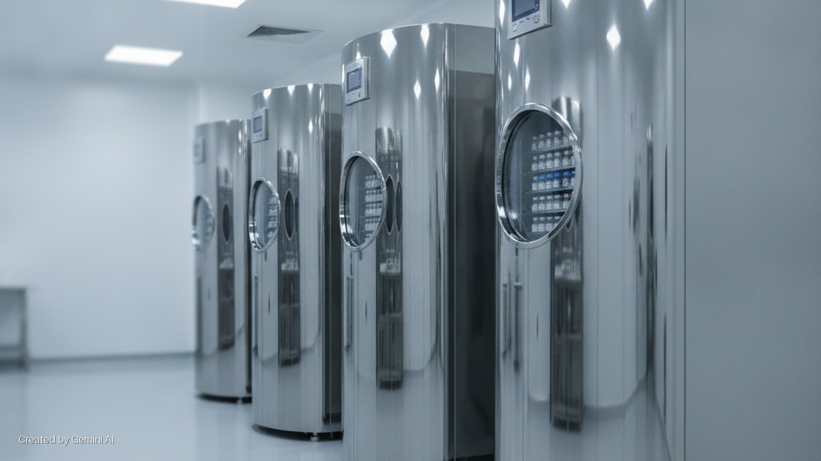 A row of reflective, cylindrical cryogenic storage units, each with a digital display and a circular window revealing shelves of vials, stands in a brightly lit, sterile laboratory.