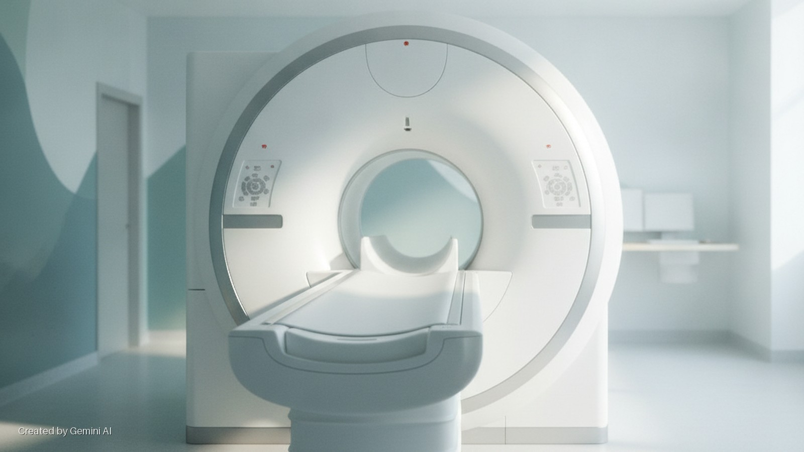 A clean white MRI scanner with an extended patient bed occupies a brightly lit medical room, featuring a teal patterned wall and a desk with dual monitors.