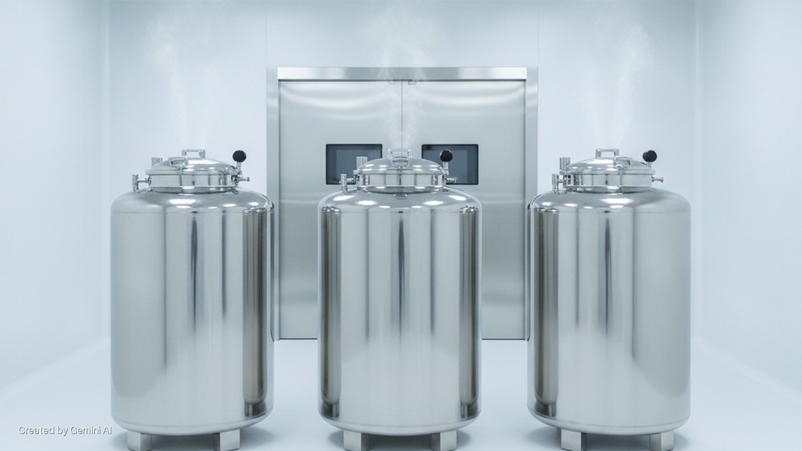 Three bright, shiny metallic cryogenic tanks emit vapor from their tops in a sterile white room with a reflective metal door featuring two dark windows in the background.