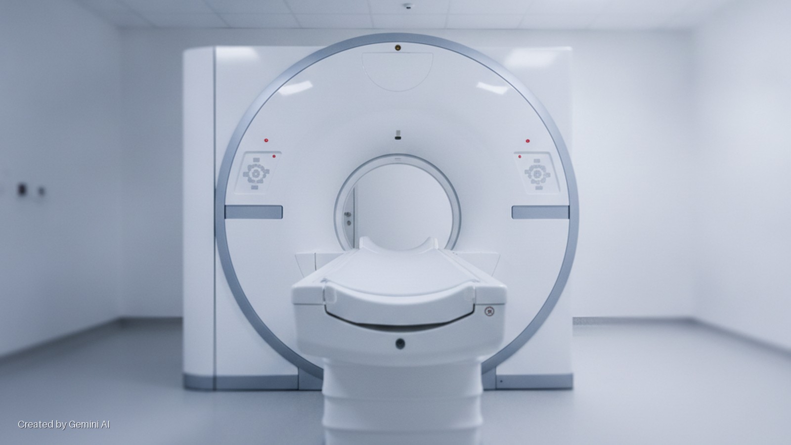 Brightly lit clinical room with a white MRI machine and its patient table in the center.