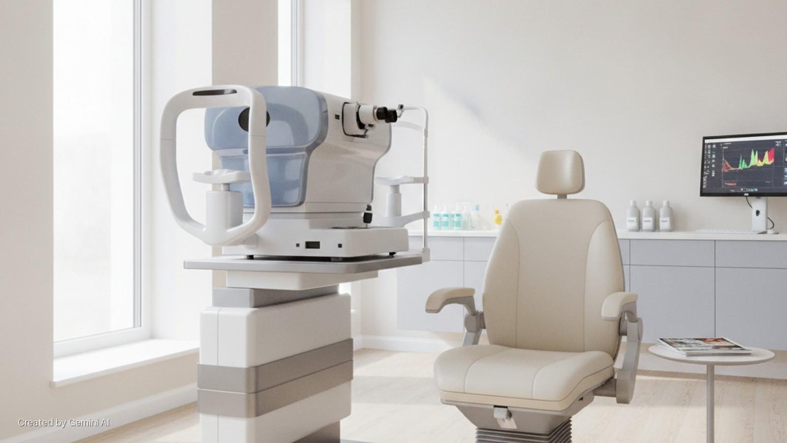 A brightly lit optometry examination room features an ophthalmic testing machine, a beige patient chair, a computer monitor displaying diagnostic graphs, and a small table with magazines, all under natural light from a window.
