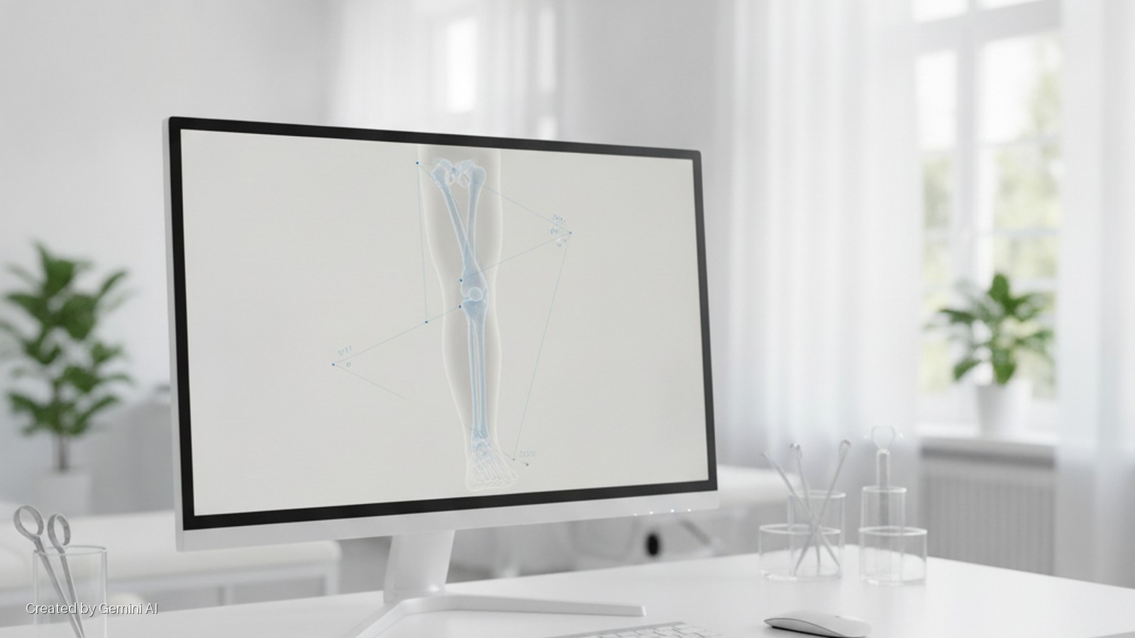 A bright office desk features a white monitor displaying a skeletal diagram of a human leg with measurements, alongside medical tools, scissors, and potted plants, all illuminated by natural light from large windows with white curtains.