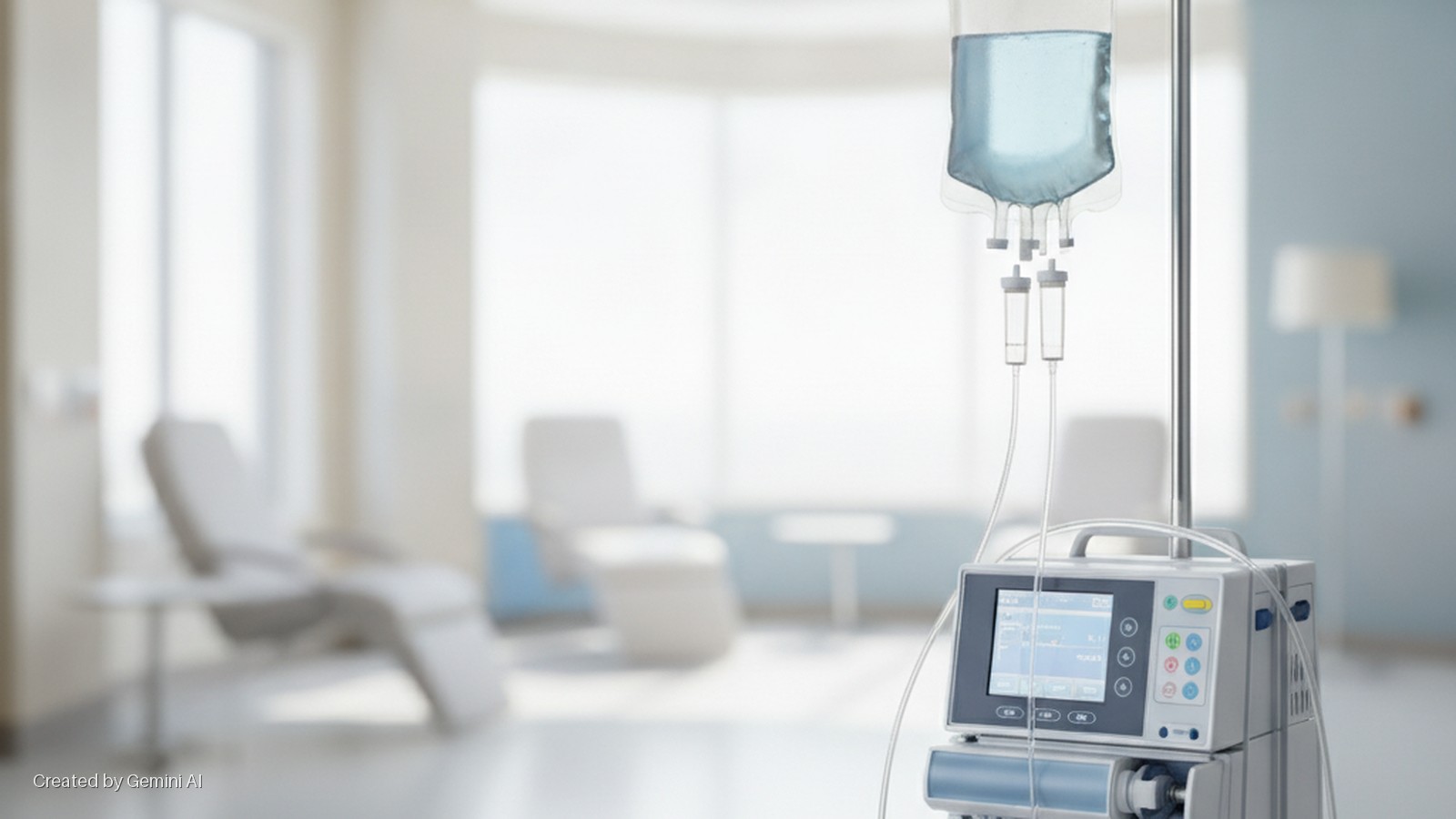 An IV bag hanging from a stand and an infusion pump are in focus in a brightly lit medical room with blurred treatment chairs and large windows in the background.