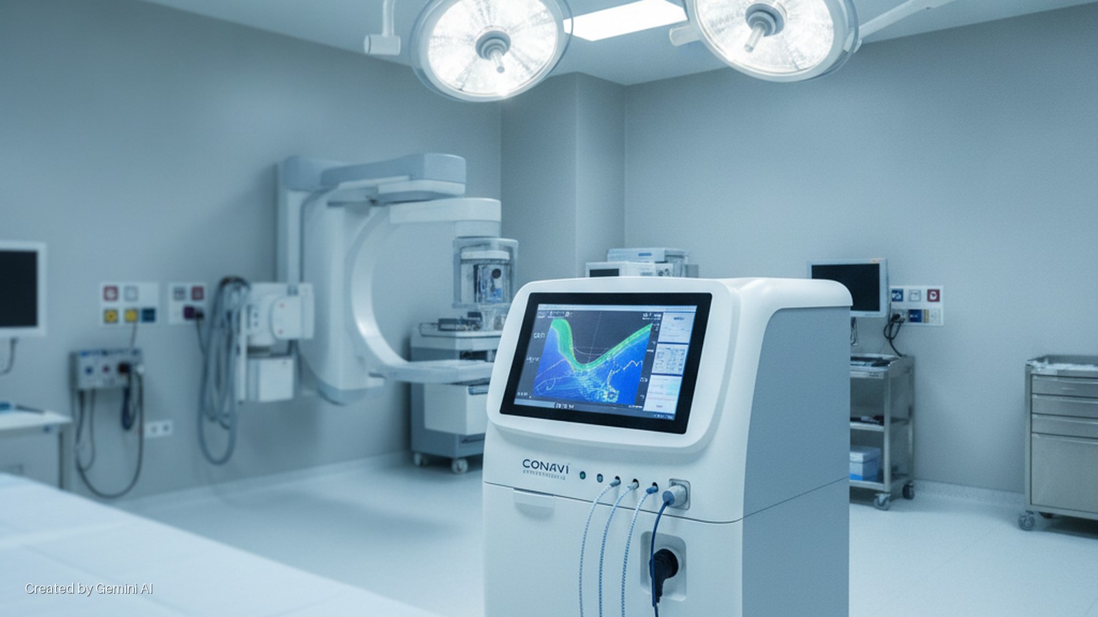 A brightly lit medical operating room features a CONAVI intravascular imaging system displaying a vascular scan on its screen, an operating table, an overhead C-arm fluoroscopy machine, and bright surgical lights.