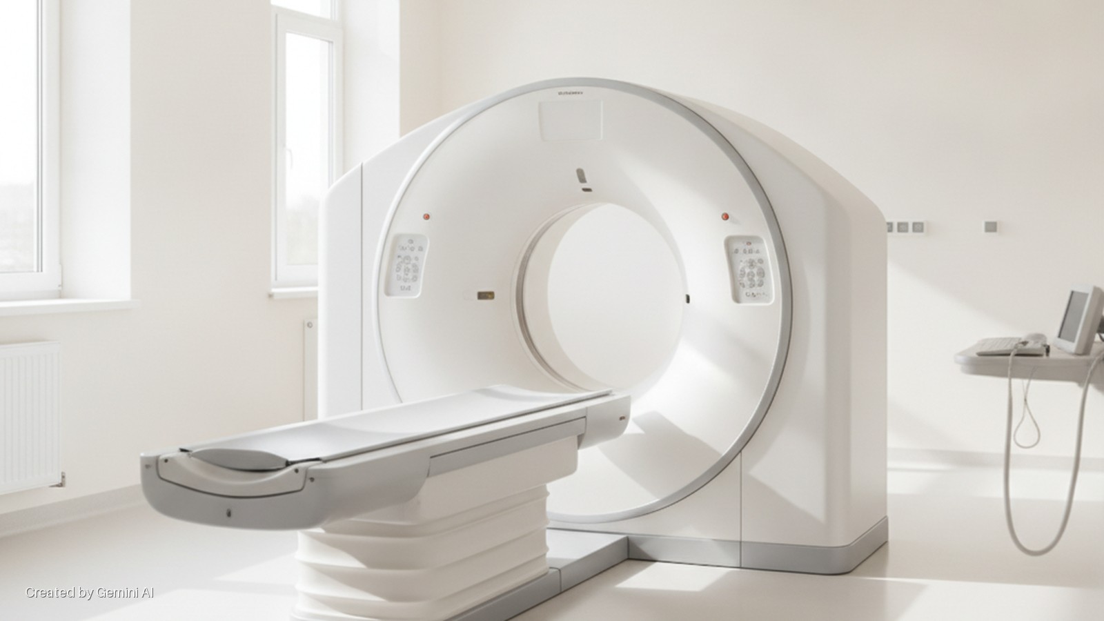 A modern, bright medical imaging room contains a white CT scanner with an adjustable patient table, illuminated by natural light from windows, and a wall-mounted computer workstation on the right.