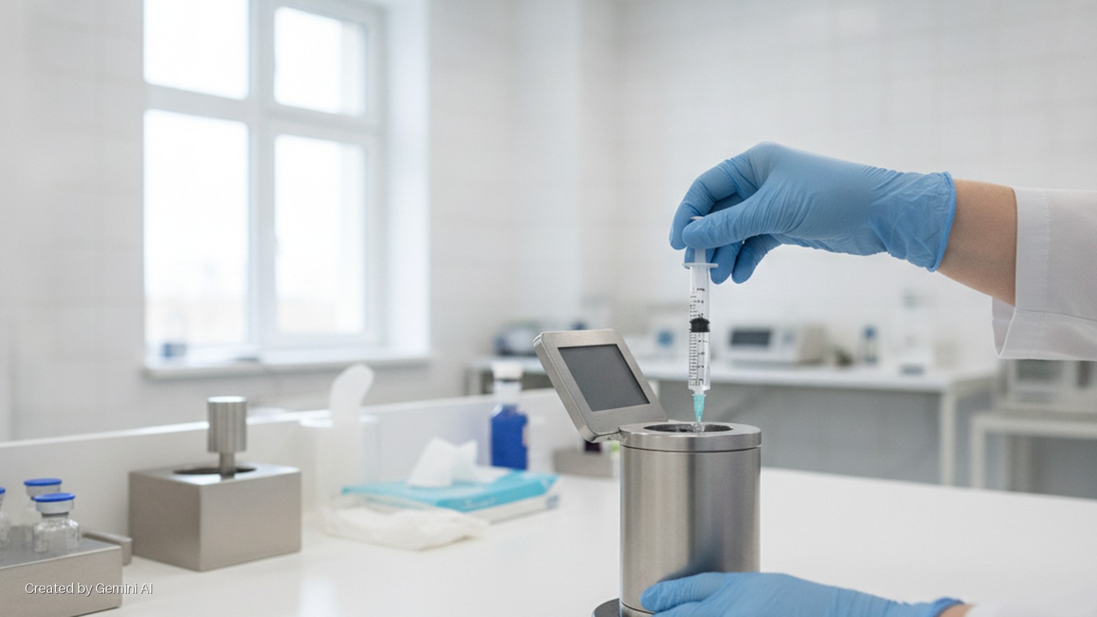 A gloved hand holds a syringe over a metallic lab device with a screen, on a white counter in a brightly lit laboratory with a large window.