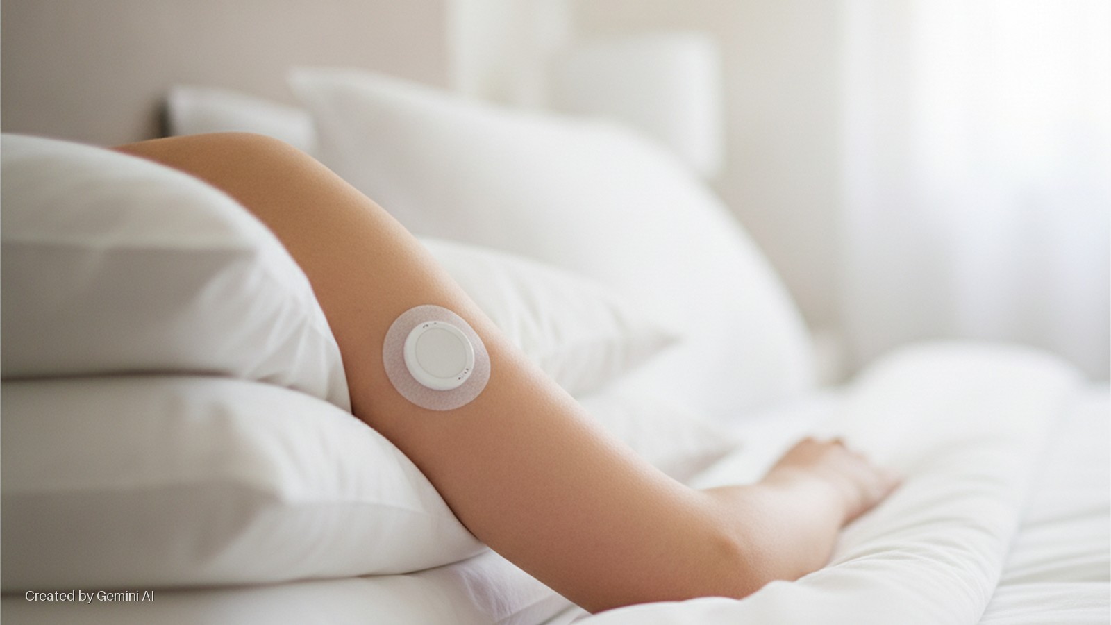 A person's arm with a continuous glucose monitor attached rests on white pillows and bedsheets in a brightly lit room.