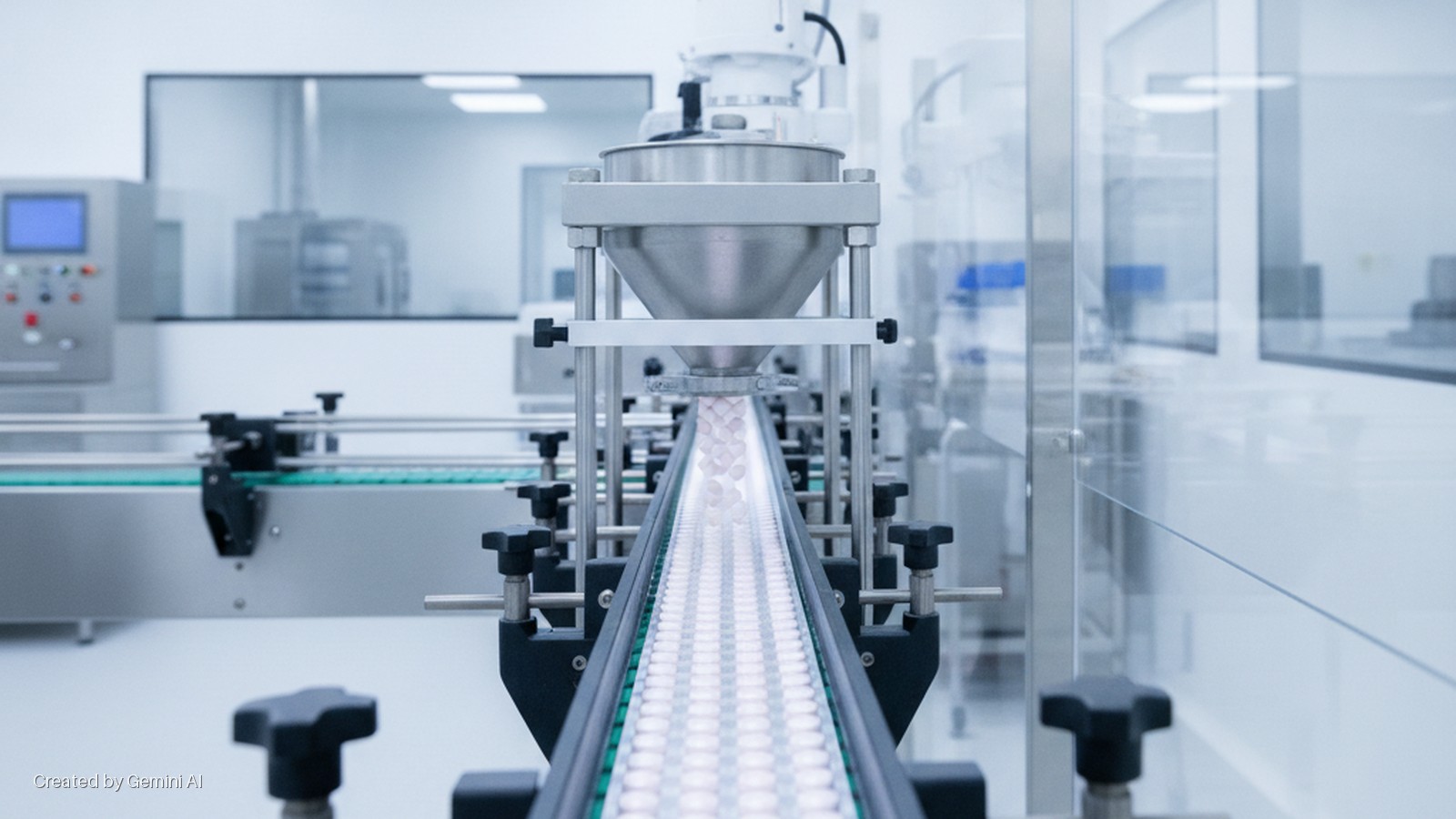 Pills are being dispensed from a metal funnel onto a conveyor belt in a brightly lit pharmaceutical manufacturing facility, surrounded by machinery and clear protective screens.