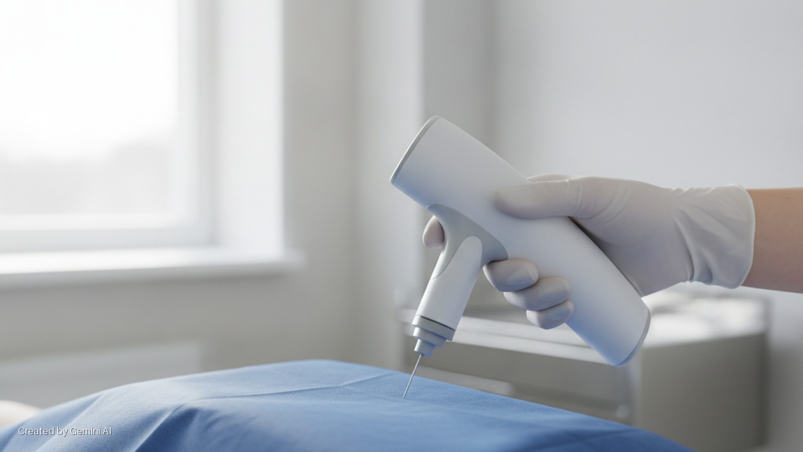 A gloved hand holds a white medical device with a needle positioned over a blue-draped patient in a brightly lit clinic room with a window.