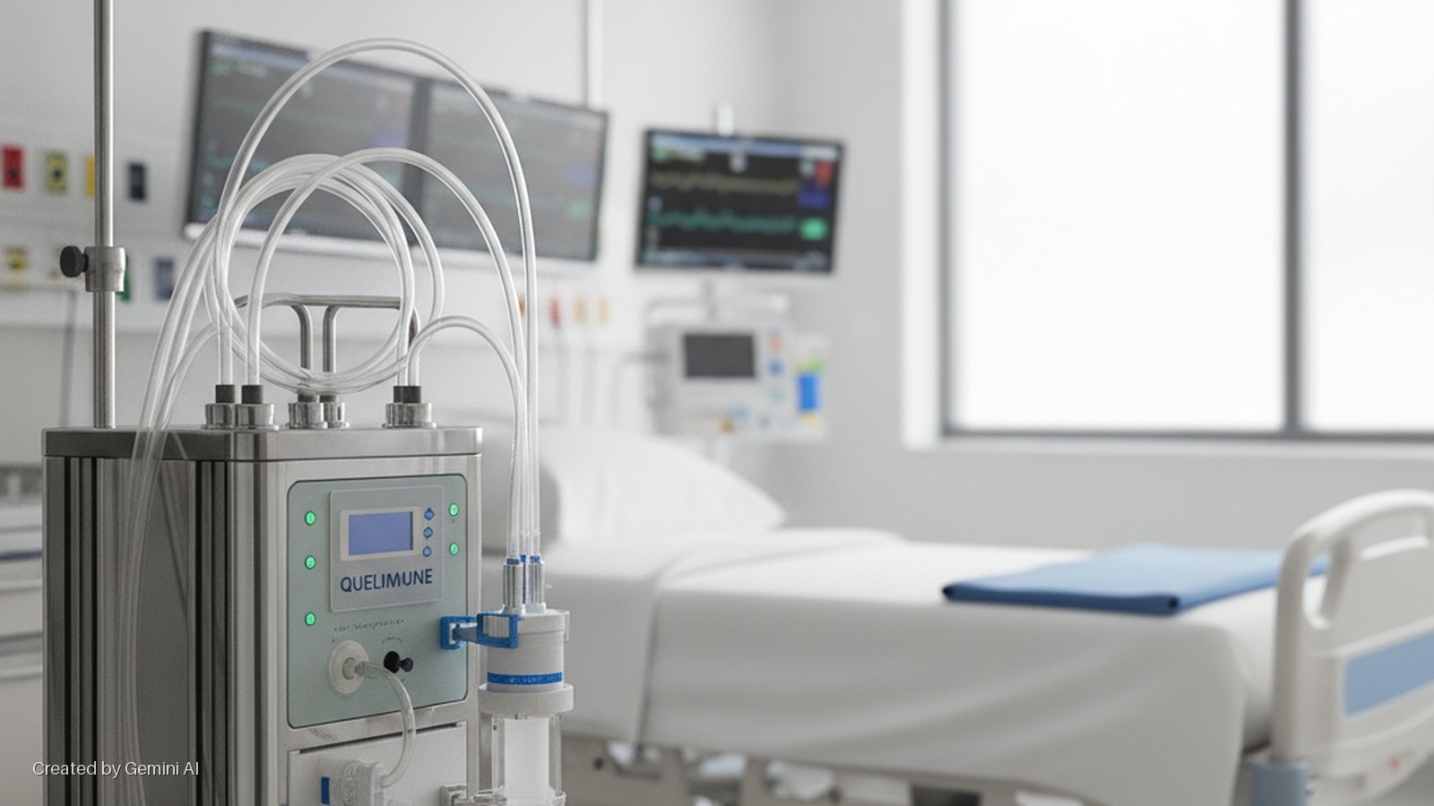 A stainless steel QUELIMUNE medical device with clear tubing stands in the foreground of a brightly lit hospital room, featuring a bed, medical monitors, and a large window in the background.