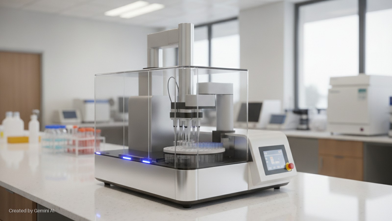 A brightly lit modern laboratory contains a prominent silver and clear automated liquid handling system, featuring blue LED accents, situated on a white countertop alongside other scientific equipment, with a large window visible in the bac