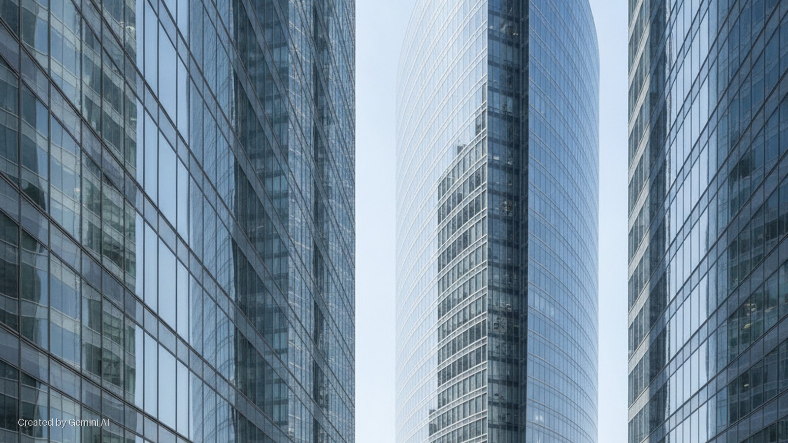 Three modern glass skyscrapers, with a curved central building, reflect a clear sky in bright daylight.