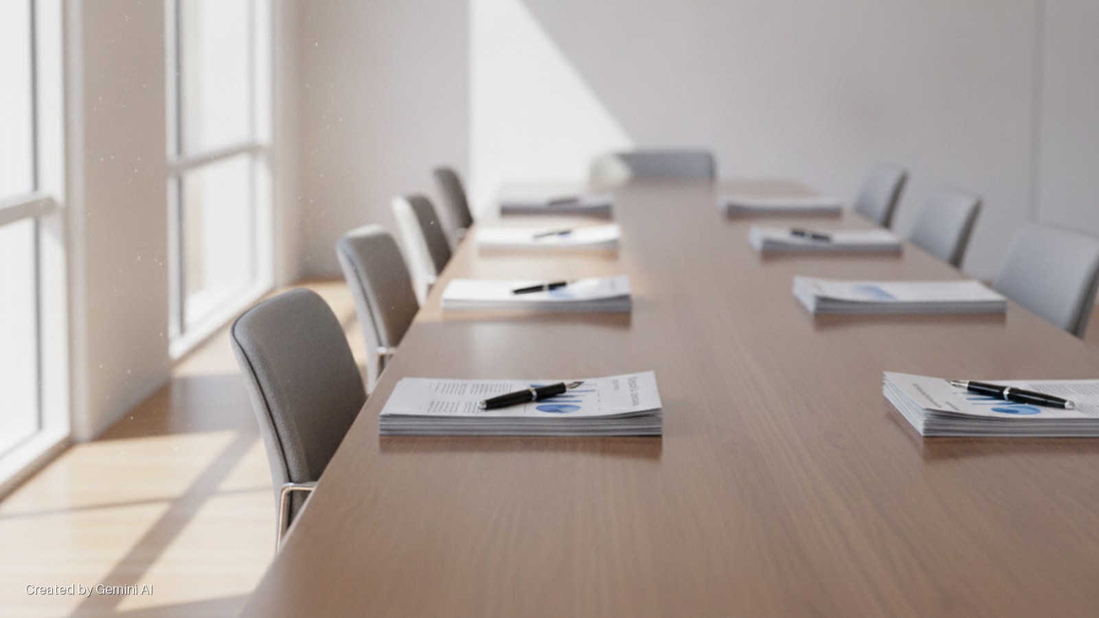 A modern conference room features a long wooden table set with stacks of papers and pens, surrounded by chairs, and brightly lit by natural light from large windows, revealing dust particles in the air.