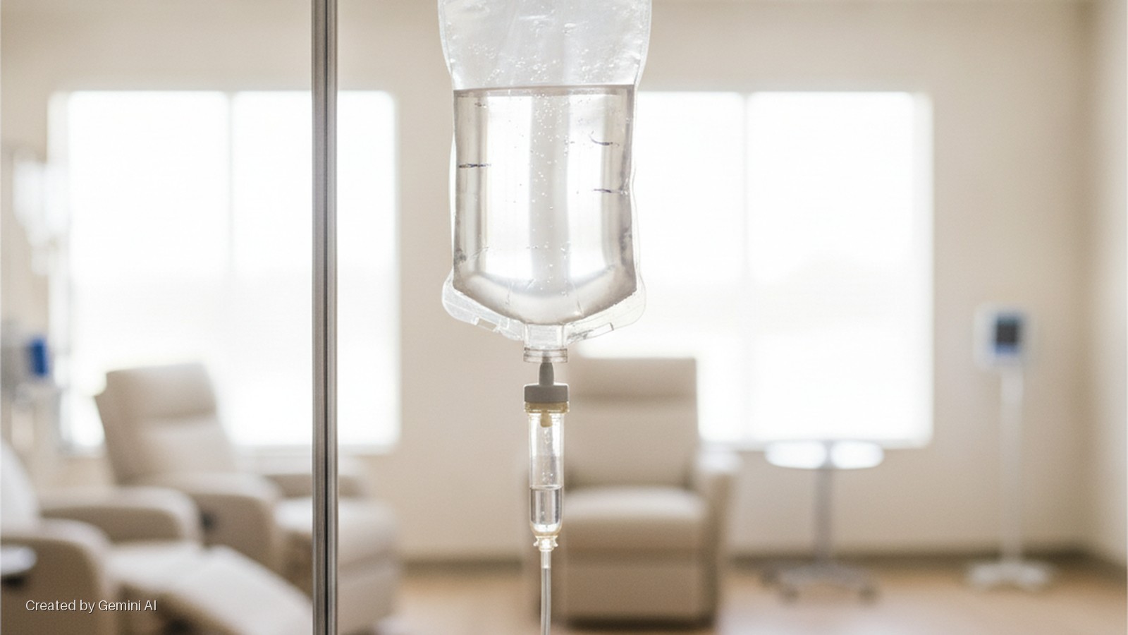 A clear IV drip bag hangs from a metallic pole in a brightly lit medical room with multiple recliners and large windows.