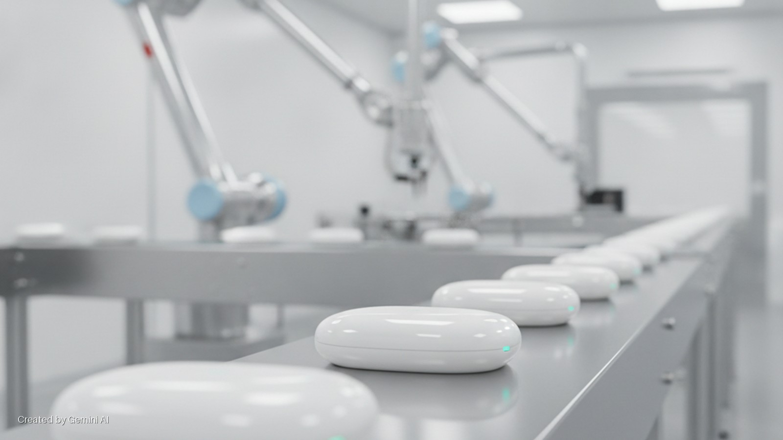 White, oval-shaped devices with blue-green lights move along a metallic conveyor belt in a brightly lit cleanroom, with robotic arms operating in the blurred background.