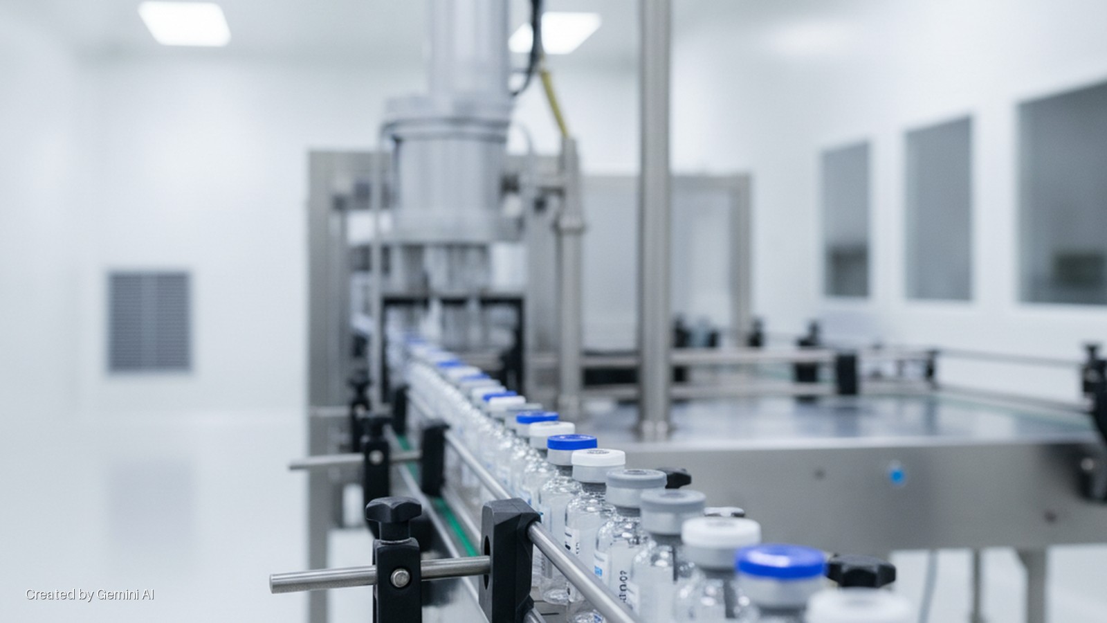 Rows of glass vials with various colored caps move along an automated conveyor belt in a brightly lit, sterile pharmaceutical production facility.
