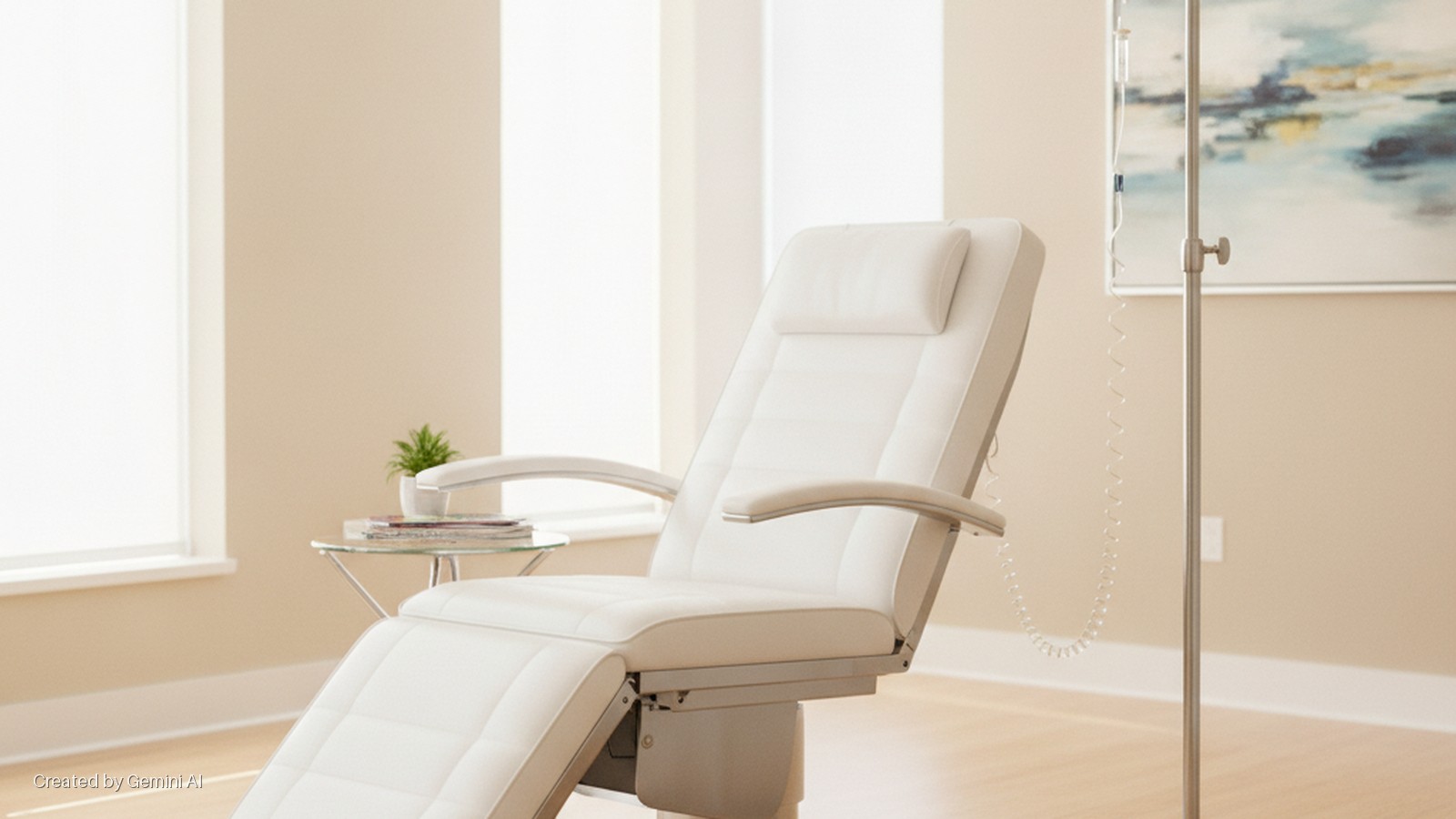 A bright, clean treatment room features a white leather recliner chair, an IV stand, a glass side table with a small plant and magazines, and an abstract artwork on a beige wall, illuminated by natural window light.