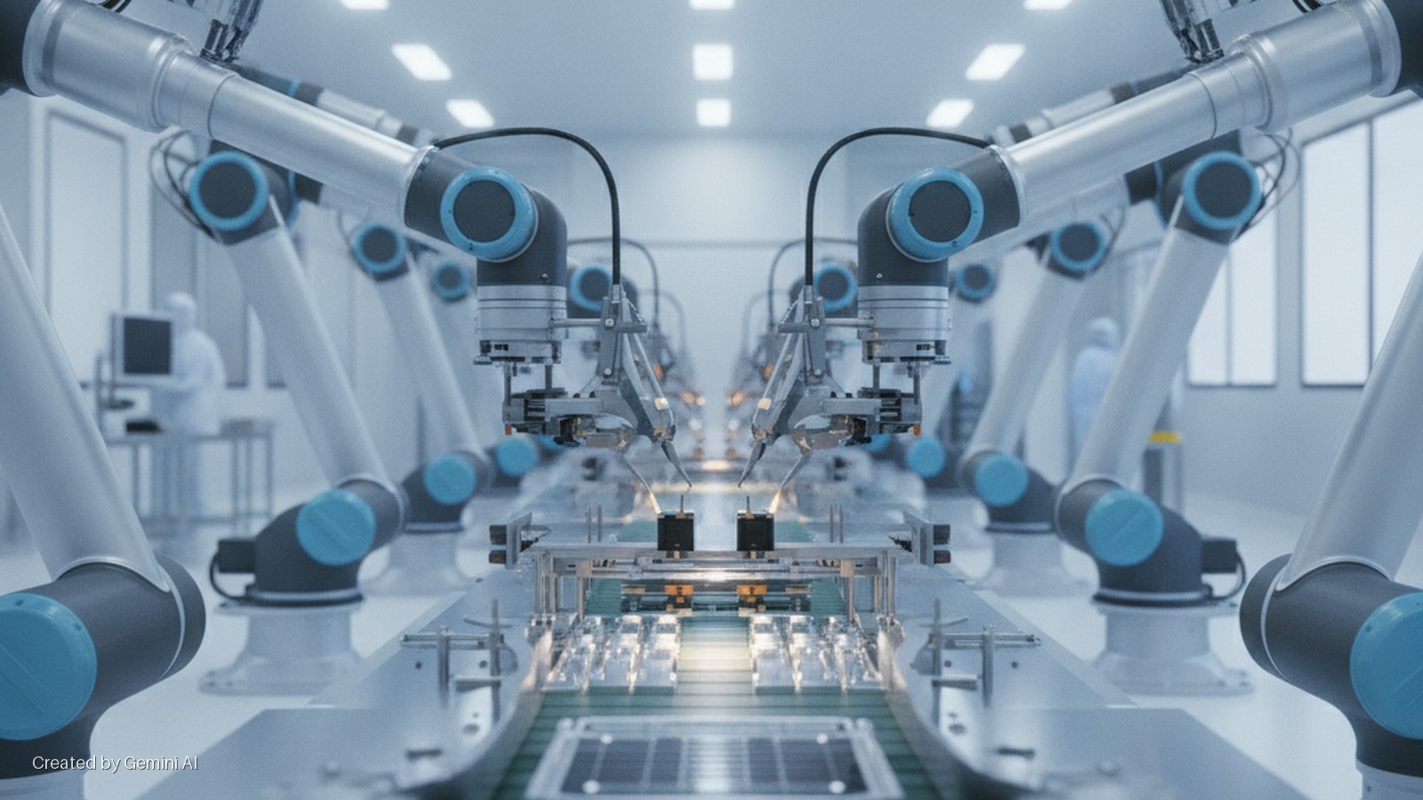 Robotic arms with blue accents assemble electronic components on a conveyor belt in a brightly lit cleanroom, with human workers in protective suits visible in the background.