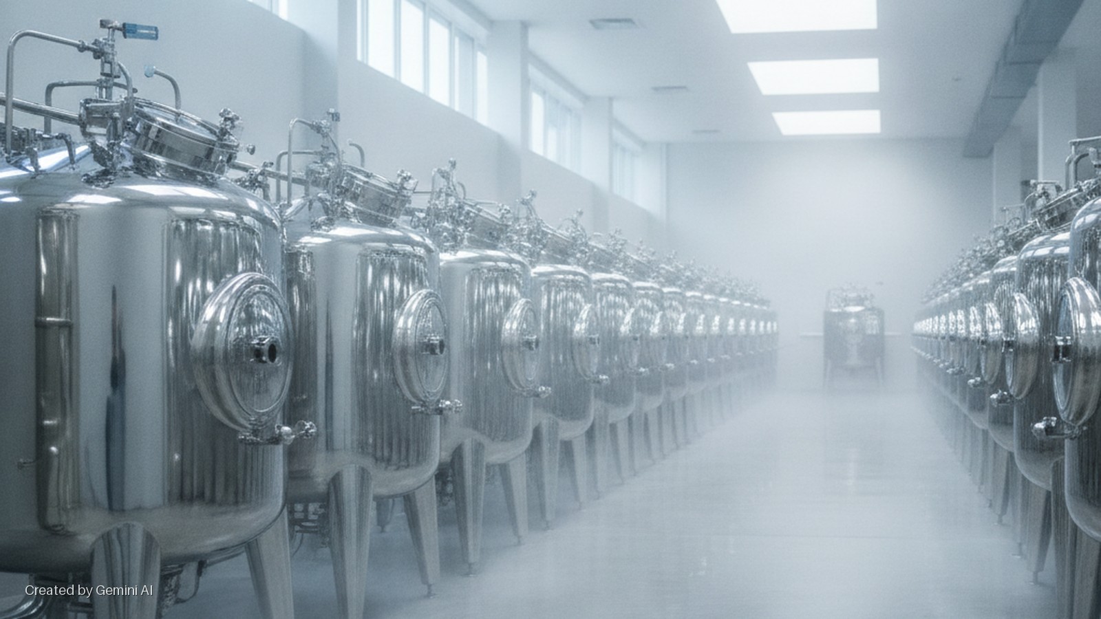 A brightly lit, sterile industrial room features long rows of shiny stainless steel vats on a misty floor, illuminated by overhead lights and windows.