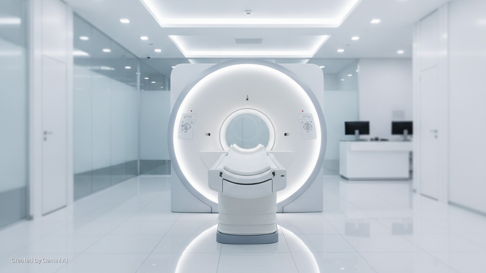 A brightly lit, modern medical room featuring a large white MRI or CT scanner with an attached patient bed, glass walls, and a reception desk with computers in the background.