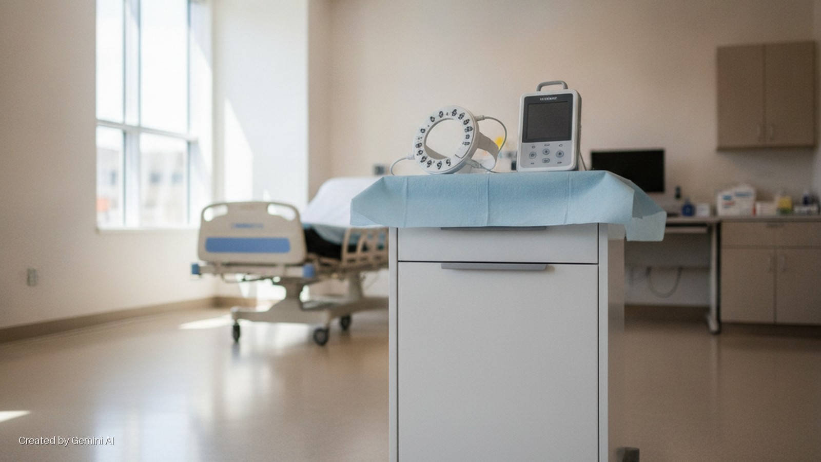A bright hospital room with a medical bed on the left, and a mobile medical cart in the foreground topped with a circular transducer and a monitor on a blue sheet, lit by sunlight from a large window.