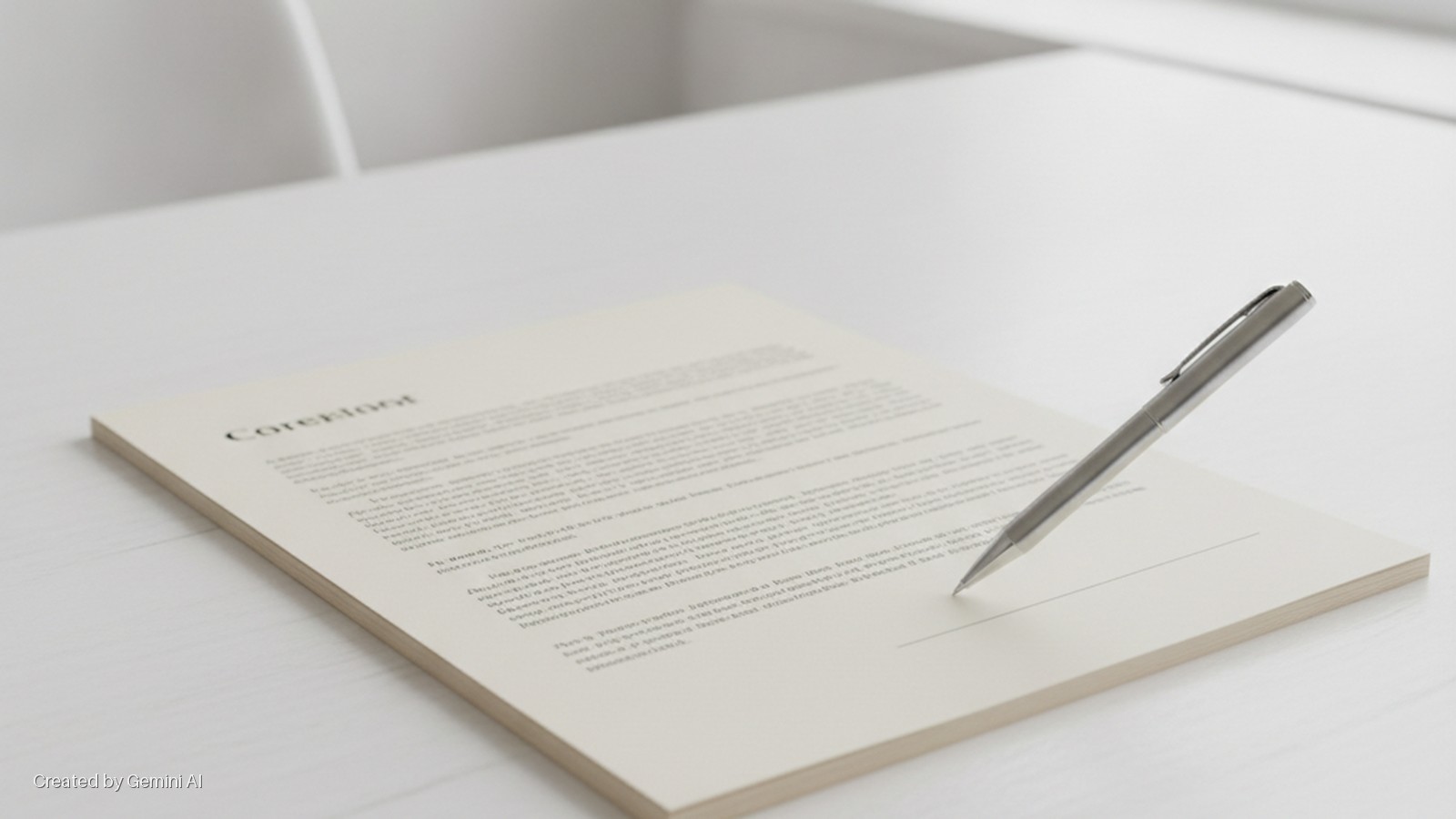 A silver pen touches a stack of off-white documents on a white wooden table, illuminated by bright, soft light.