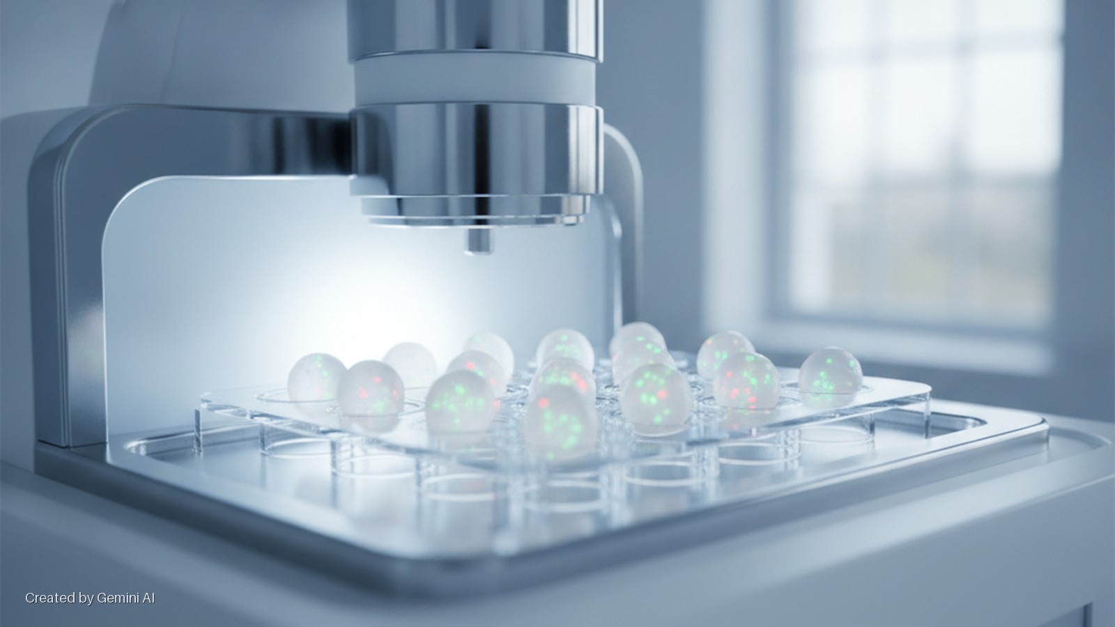 A scientific instrument is positioned above a clear tray containing multiple translucent spheres lit by internal red and green lights in a brightly lit laboratory setting.