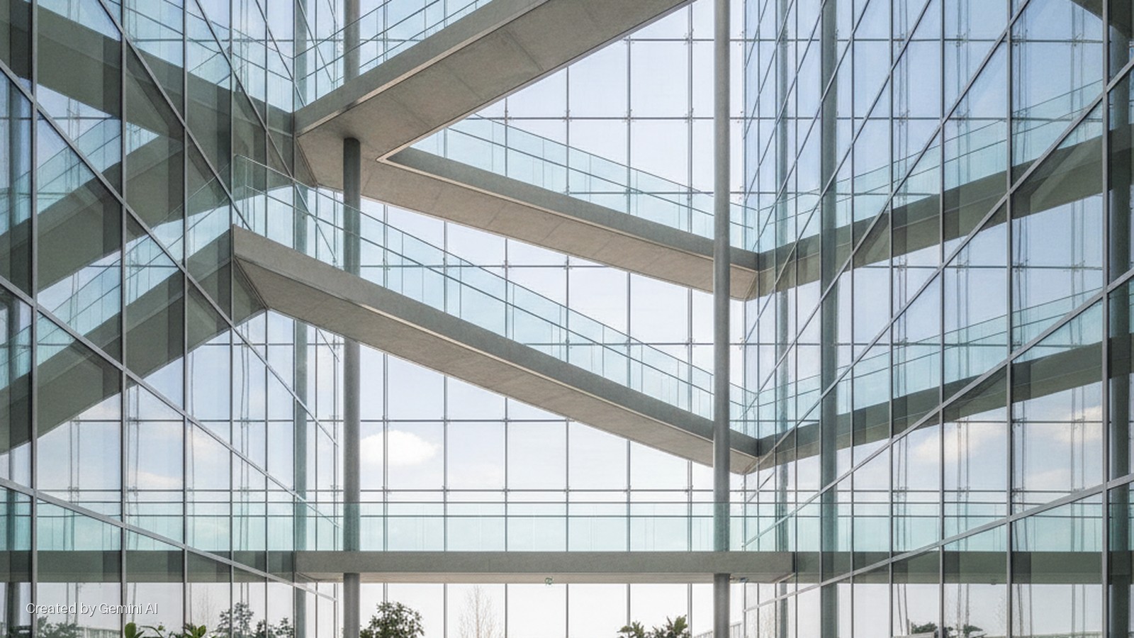 Bright, naturally lit modern building interior featuring a transparent glass wall and diagonal concrete walkways with glass railings.