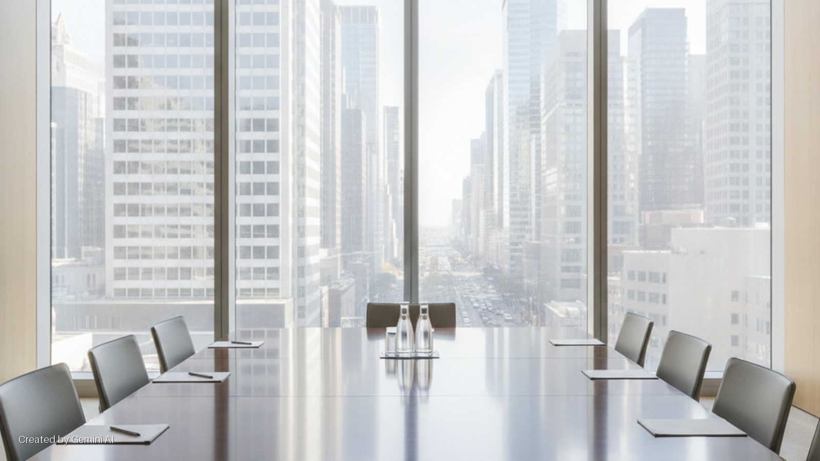 A bright conference room features a long wooden table set with chairs, papers, pens, and water bottles, offering a view of a bustling city street and numerous skyscrapers through large windows.